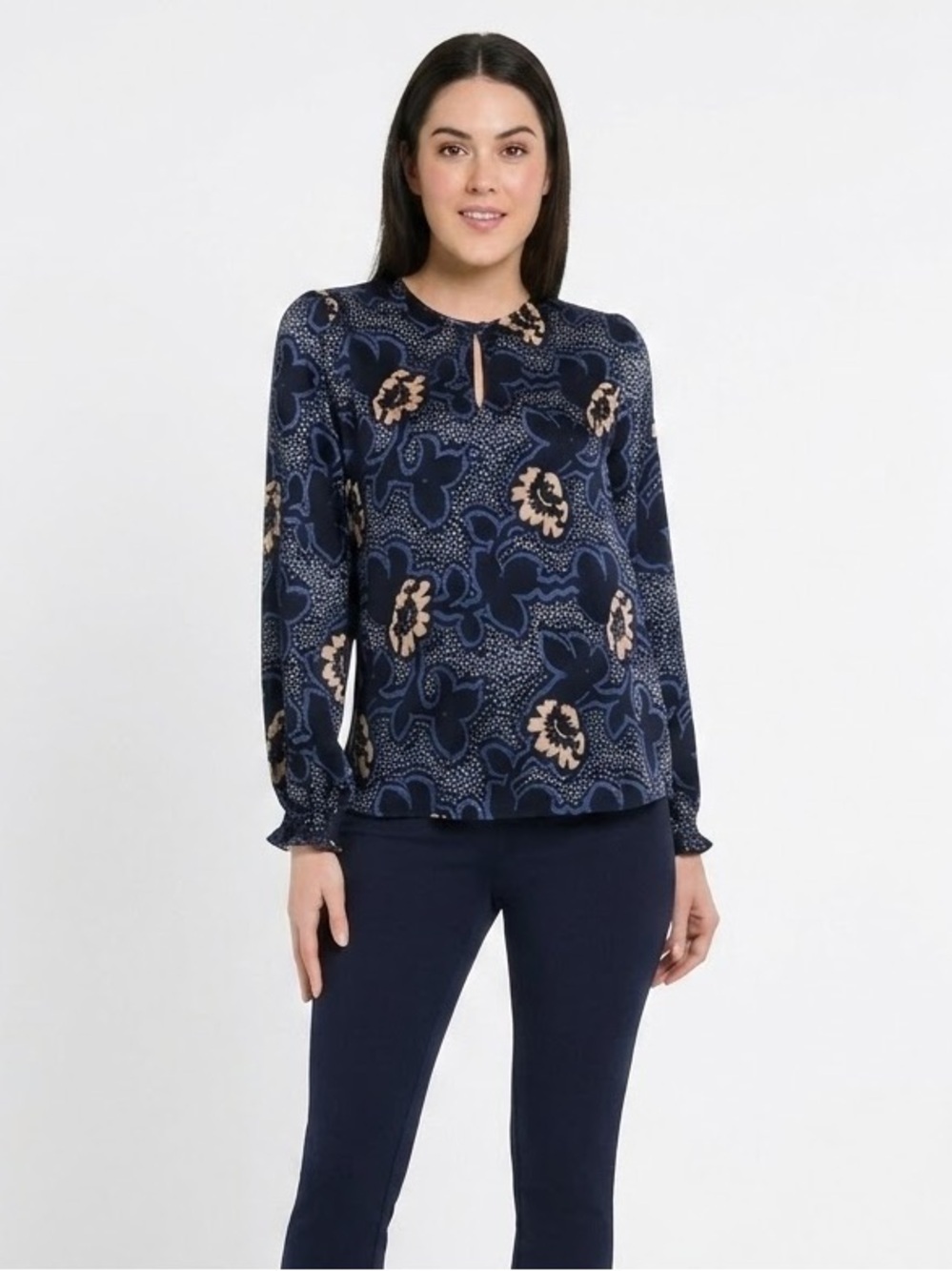 Ted Baker Navy Floral Keyhole Blouse | Size Medium